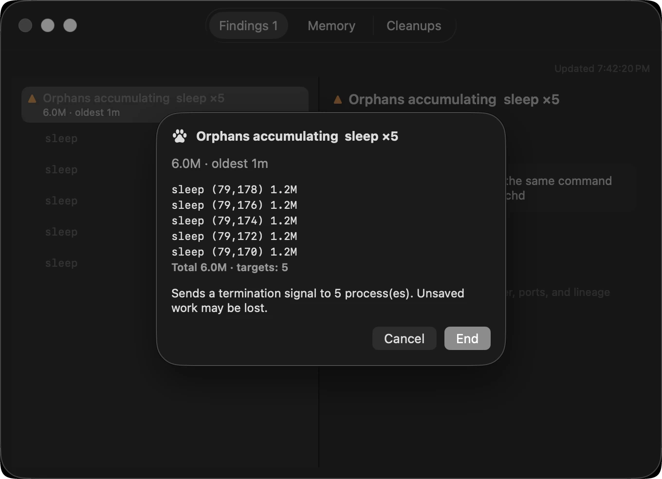 The cleanup approval sheet over the record window, listing the processes about to end with cancel and end buttons.